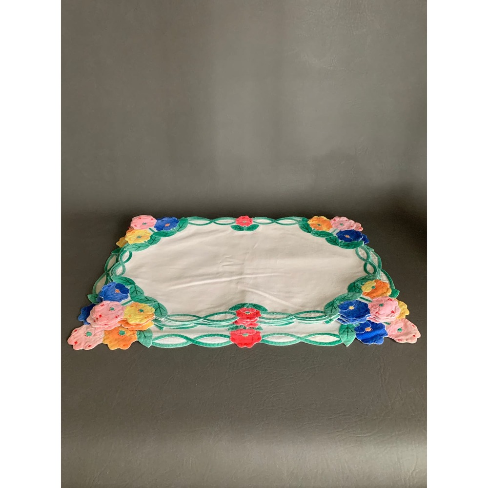 Vintage Handmade Placemats Embroidered Floral Design White Cotton Set of 9